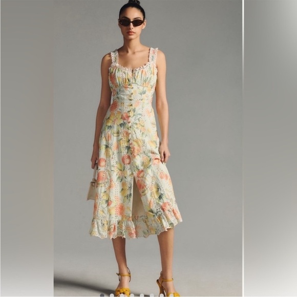 Anthropologie Ruffled Citrus Eyelet Dress- XXS - Picture 1 of 9